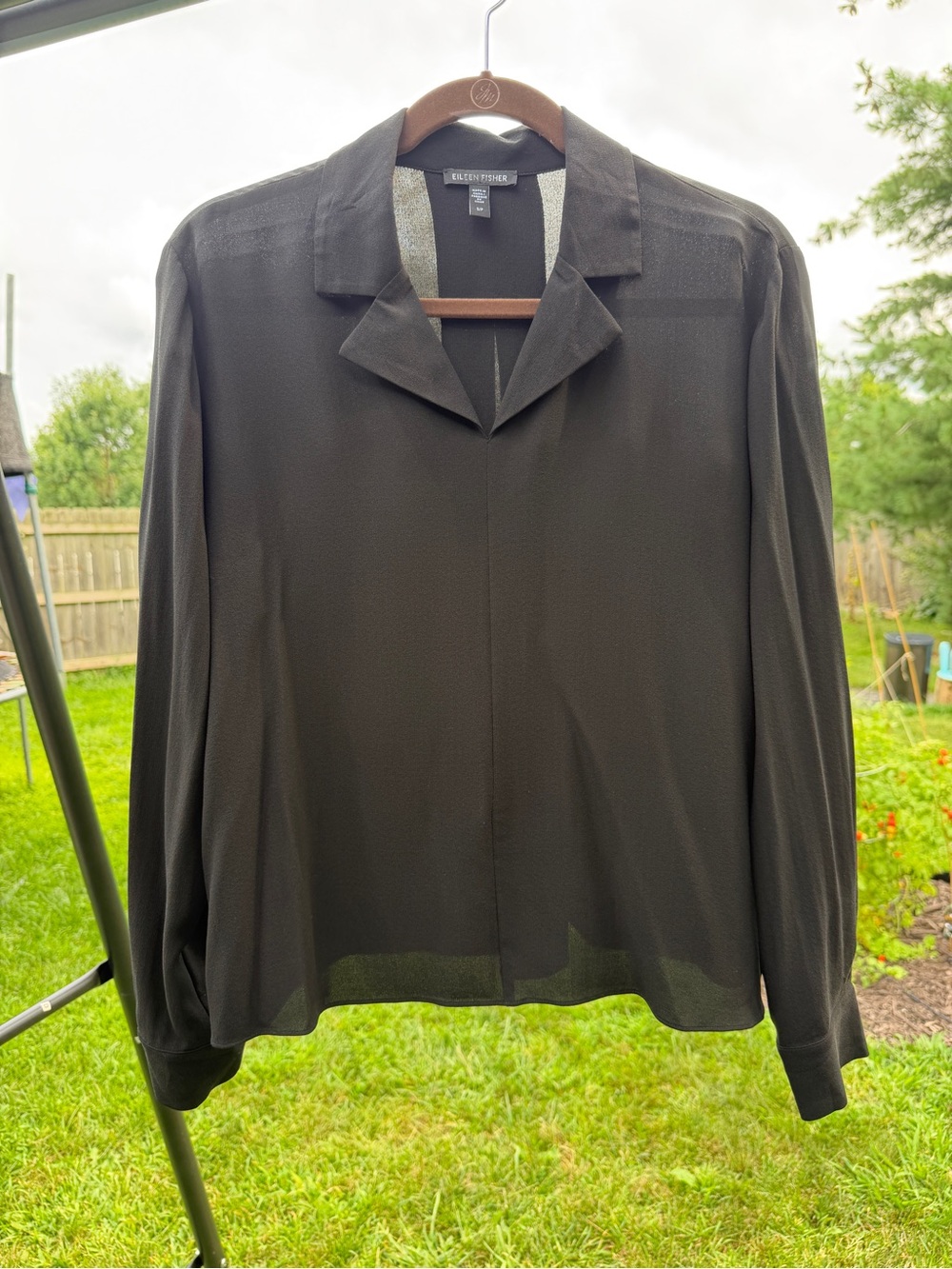 Eileen Fisher Black V-Neck Notch Collar Long Sleeve Blouse Top Size Small